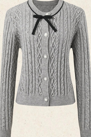 Rhinestone Bow Knit Cardigan Top and Velvet Skirt Set-Up