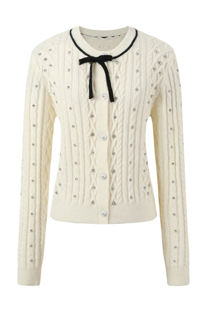 Rhinestone Bow Knit Cardigan Top and Velvet Skirt Set-Up