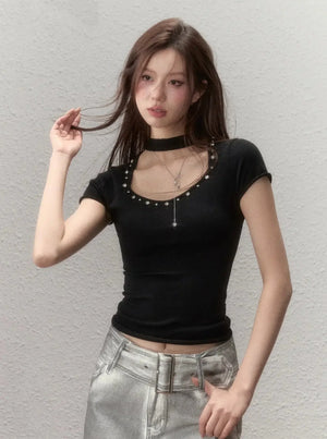 Rhinestone Choker Wool Top