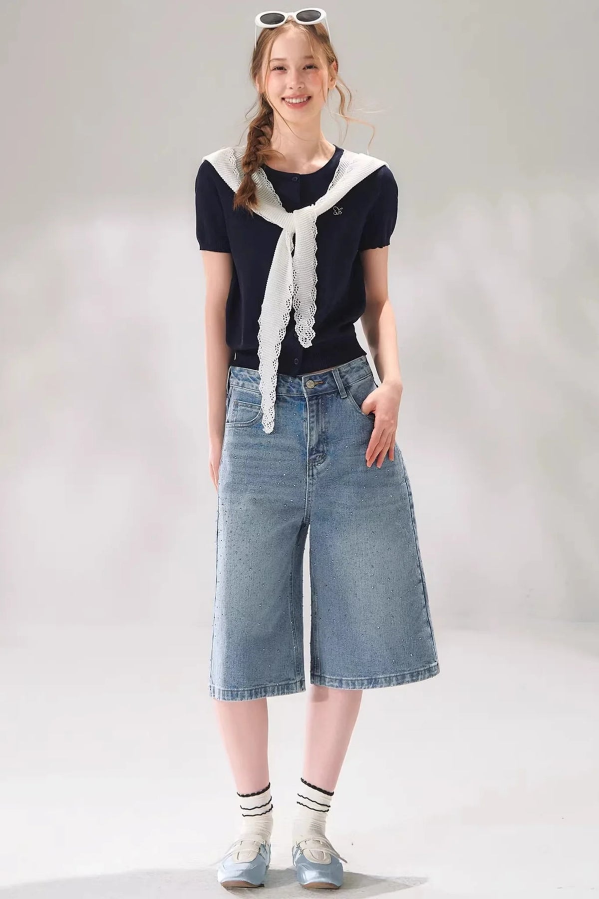 Rhinestone Denim Cropped Pants