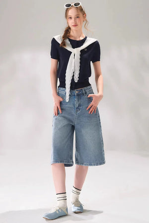 Rhinestone Denim Cropped Pants