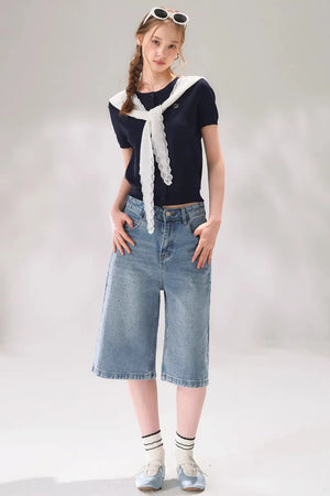 Rhinestone Denim Cropped Pants