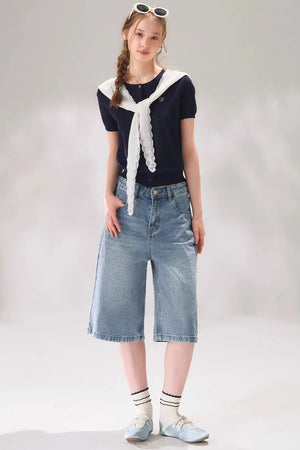 Rhinestone Denim Cropped Pants