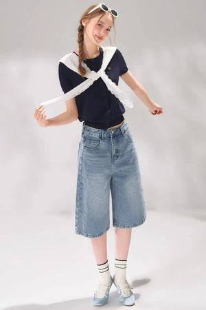 Rhinestone Denim Cropped Pants