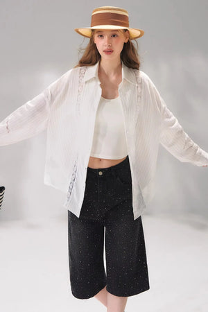 Rhinestone Denim Cropped Pants