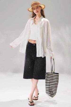 Rhinestone Denim Cropped Pants