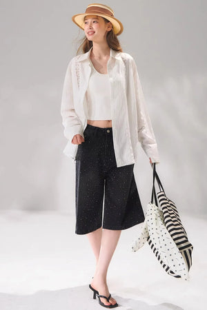 Rhinestone Denim Cropped Pants
