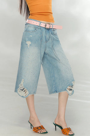 Rhinestone Distressed Denim Pants