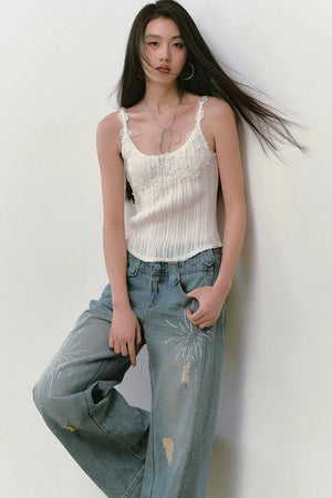 Rhinestone Double Waist Loose Straight Jeans