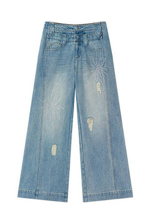 Rhinestone Double Waist Loose Straight Jeans