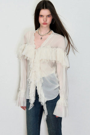 Rhinestone Lace V-Neck Blouse