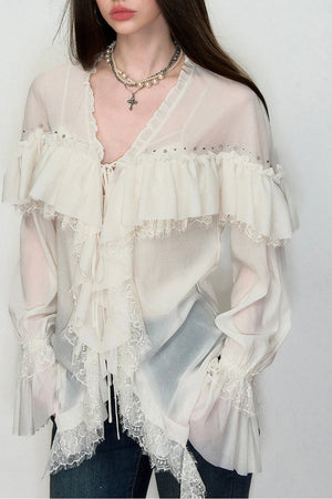 Rhinestone Lace V-Neck Blouse
