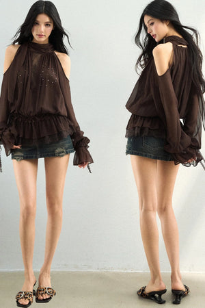 Rhinestone Mesh Chiffon Blouse