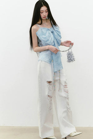 Rhinestone Ripped Denim Pants