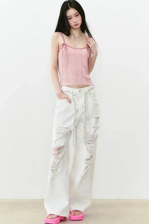 Rhinestone Ripped Denim Pants