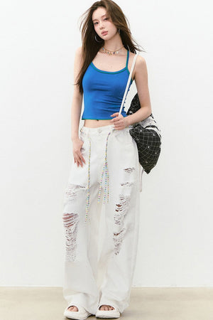 Rhinestone Ripped Denim Pants