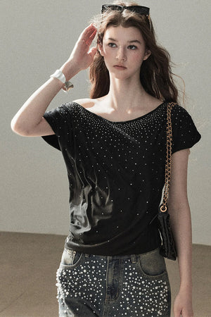 Rhinestone Slanted Shoulder Top