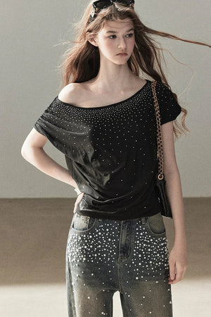 Rhinestone Slanted Shoulder Top