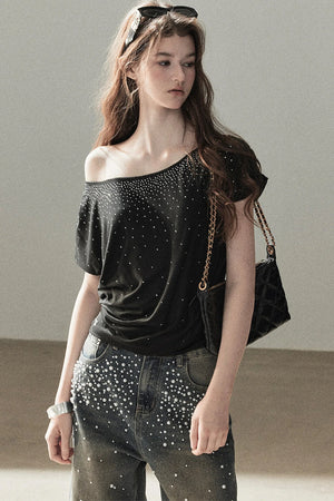 Rhinestone Slanted Shoulder Top