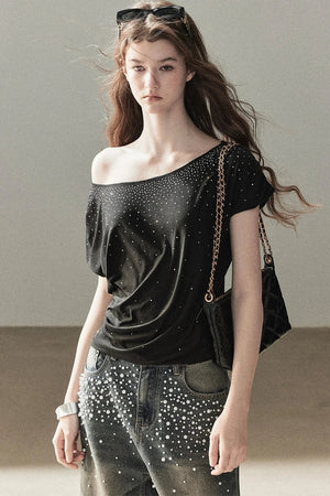 Rhinestone Slanted Shoulder Top