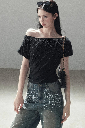 Rhinestone Slanted Shoulder Top