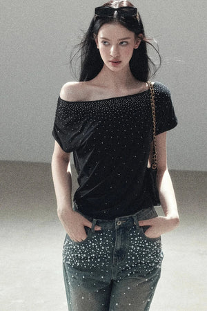 Rhinestone Slanted Shoulder Top