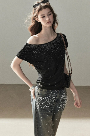 Rhinestone Slanted Shoulder Top