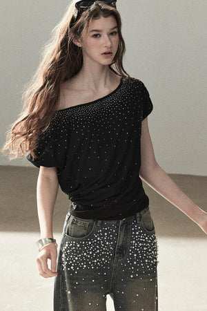 Rhinestone Slanted Shoulder Top