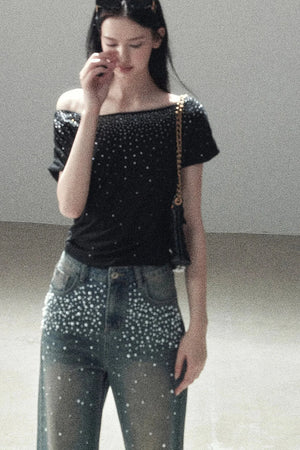 Rhinestone Slanted Shoulder Top