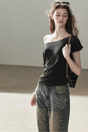 Rhinestone Slanted Shoulder Top