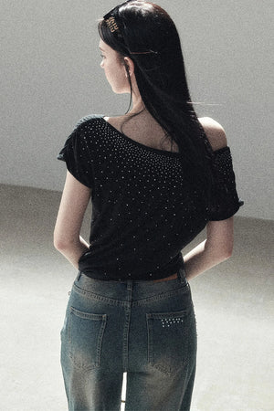 Rhinestone Slanted Shoulder Top
