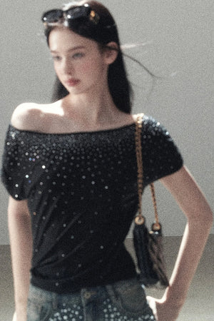 Rhinestone Slanted Shoulder Top