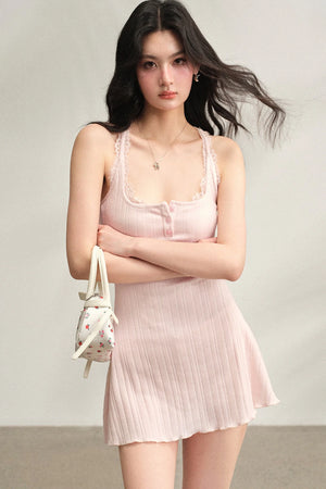 Ribbed Lace Vest Dress with Cardigan Set-Up