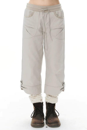 Ribbed Waist Rolled Hem Mid-Length Pants