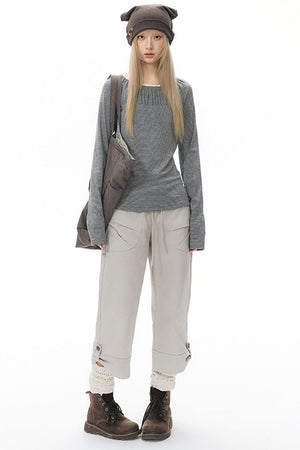 Ribbed Waist Rolled Hem Mid-Length Pants