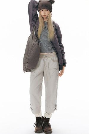 Ribbed Waist Rolled Hem Mid-Length Pants