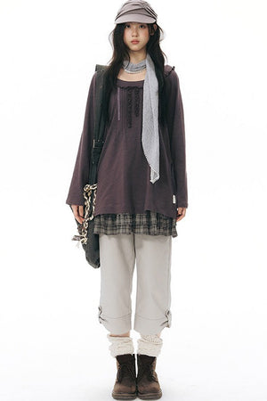 Ribbed Waist Rolled Hem Mid-Length Pants