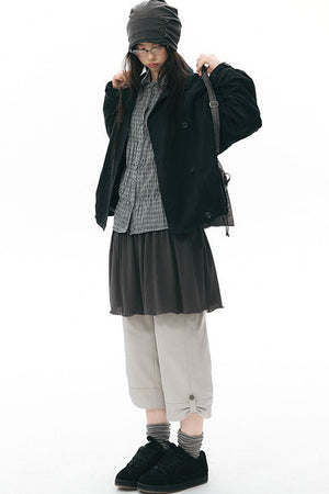 Ribbed Waist Rolled Hem Mid-Length Pants