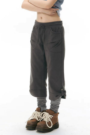 Ribbed Waist Rolled Hem Mid-Length Pants