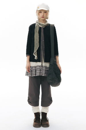 Ribbed Waist Rolled Hem Mid-Length Pants