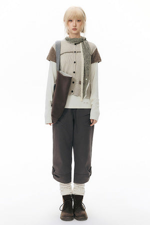 Ribbed Waist Rolled Hem Mid-Length Pants