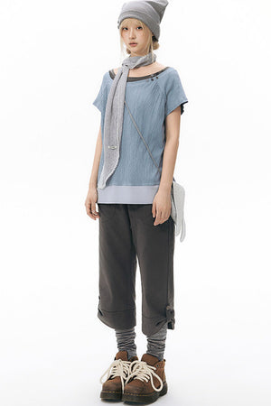Ribbed Waist Rolled Hem Mid-Length Pants