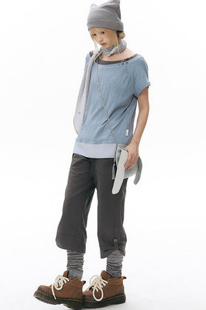 Ribbed Waist Rolled Hem Mid-Length Pants