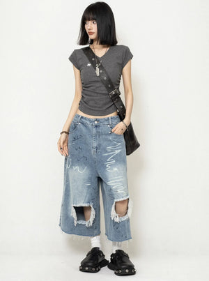 Ripped Denim Cropped Pants
