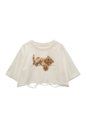 Ripped Graphic Cat Crop Top