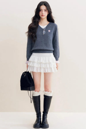 Romantic Check Wool-Blend V-Neck Sweater