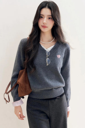 Romantic Check Wool-Blend V-Neck Sweater
