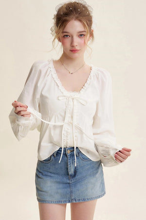 Romantic Lace Bow Tie V-Neck Shirt