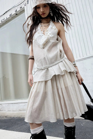 Romantic Peach Sequin Halter Two-Piece Set-Up