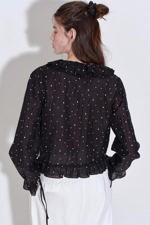 Romantic Ruffled Polka Dot V-Neck Blouse